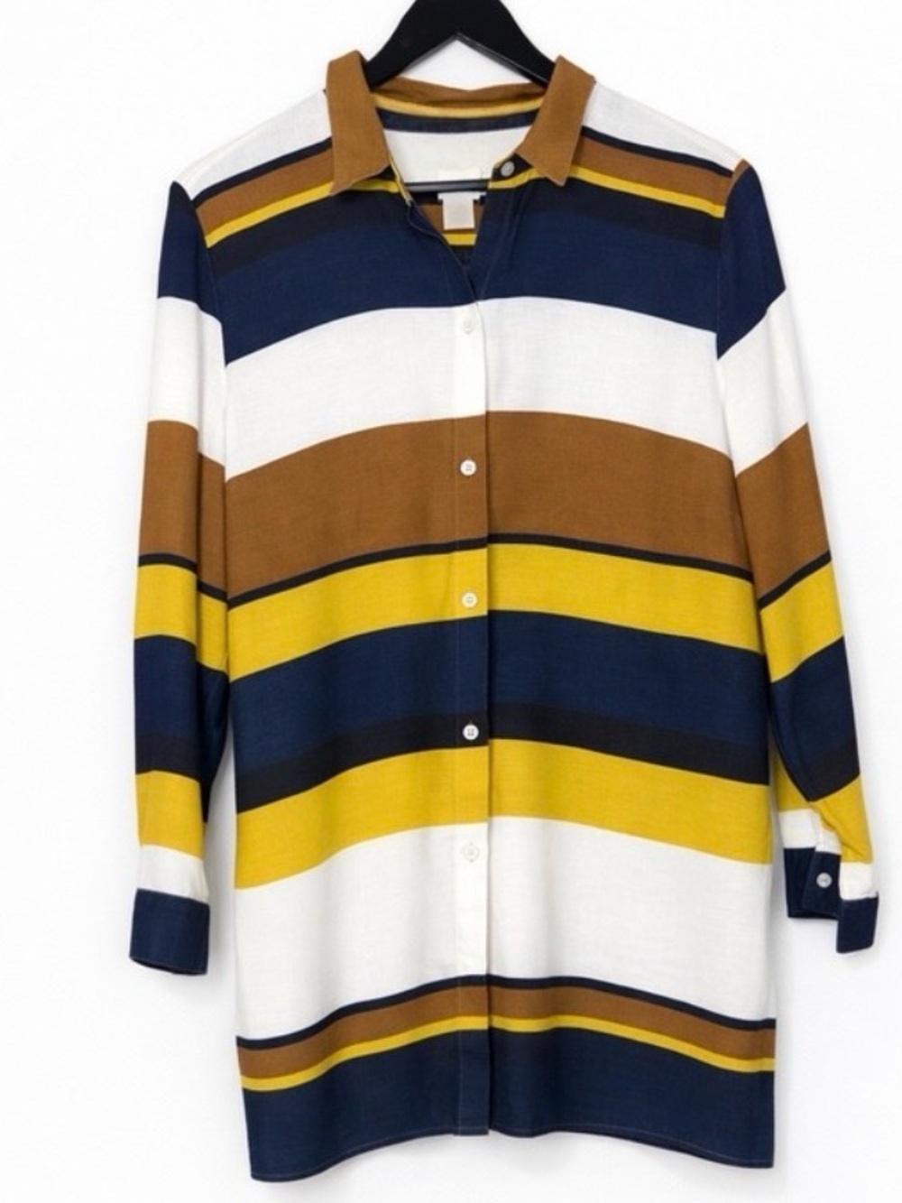 Chico’s Size 3 Striped Button Front Tunic Blouse Mustard Navy White Career Boho - Picture 2 of 4